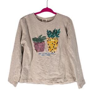 Zara Girls Striped Sequin Long Sleeve Crew Neck Striped T Shirt White Black Sz 6